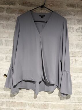 IMAN Gray V-Neck Draped Bell-Sleeve Blouse